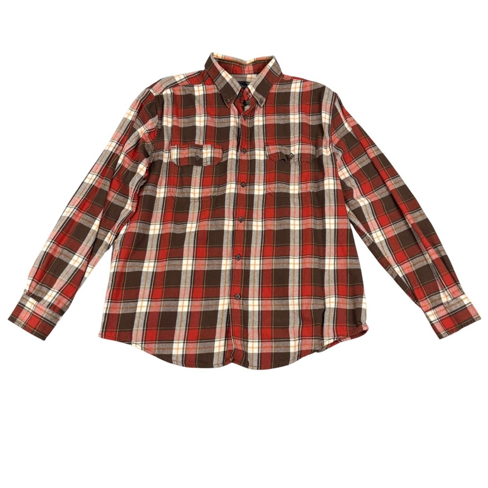 Faded Glory Mens Flannel Shirt L Large Brown Red Plaid Cotton Long Sleeve